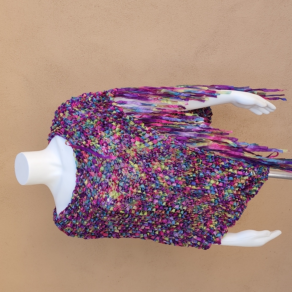 VINTAGE HANDMADE Ribbon Weave Woven Shawl Cocoon Poncho Top Ombre Purple Y2K - Picture 4 of 16